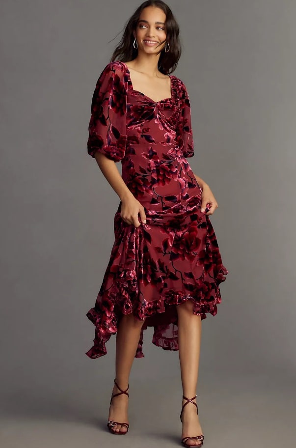 Hutch Printed Twist-Front Puff-Sleeve Velvet Dress