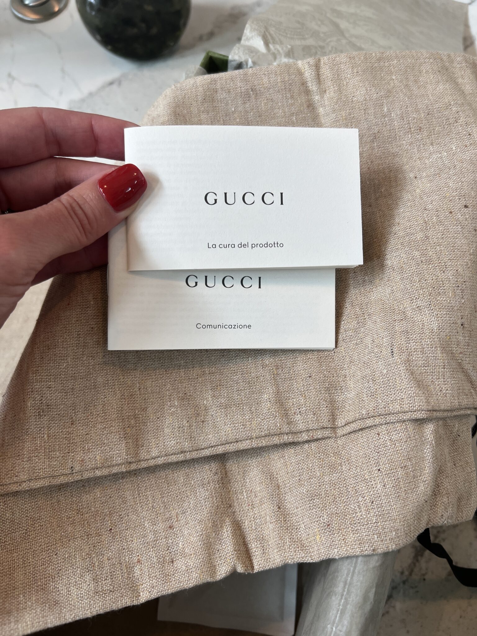 Authenticity paperwork from Gucci