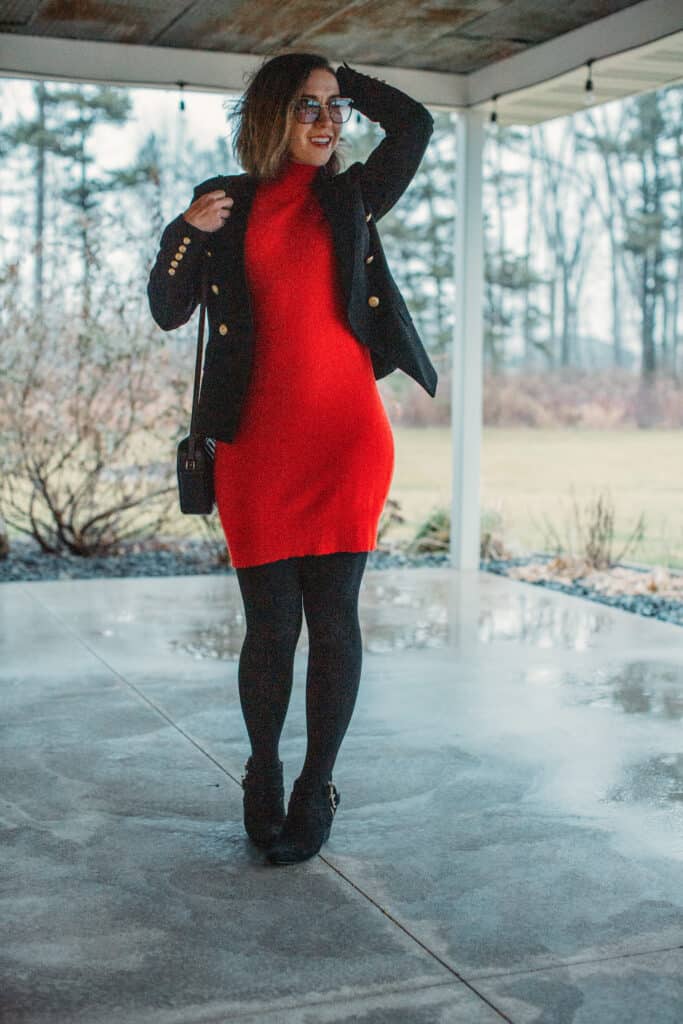 red dress + black blazer and tights