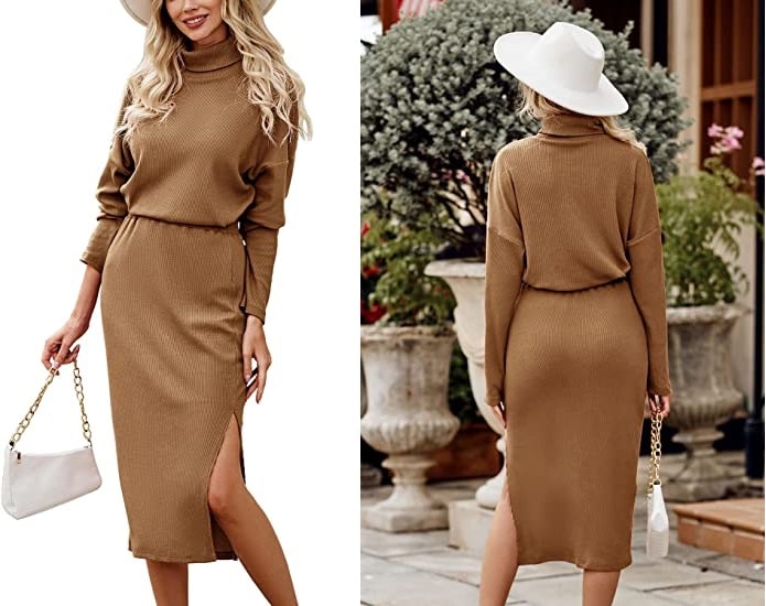 PRETTYGARDEN Women's 2023 Spring 2 Piece Tracksuit Winter Long Sleeve Turtleneck Ribbed Top And Midi Skirt Dress Sets