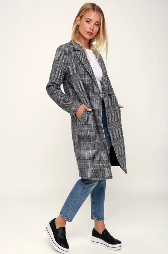 Chilly Out Black and White Glen Plaid Long Coat