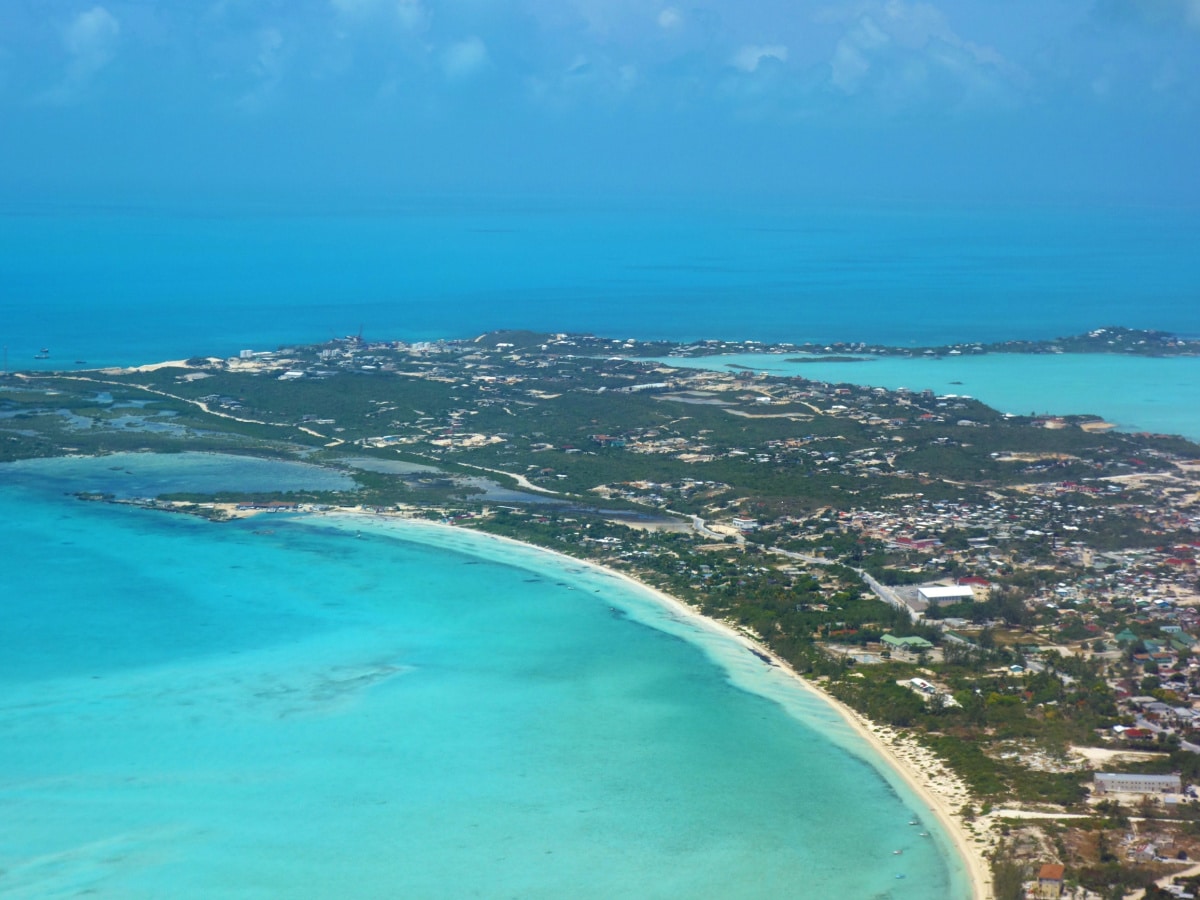 PROVIDENCIALES, TURKS AND CAICOS -8 JUL 2017- Aerial view of the island of Providenciales (Provo) in the Turks and Caicos.