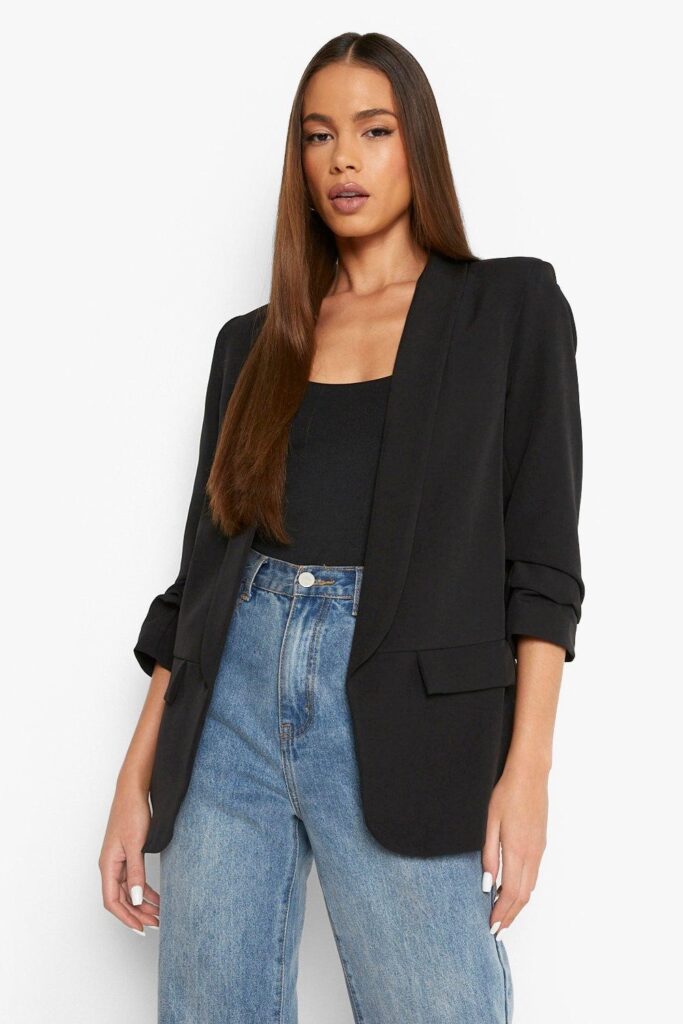 PLUNGE LAPEL RUCHED SLEEVE BLAZER