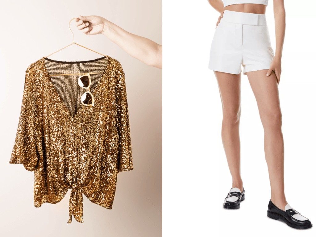 Gold blouse and white shorts