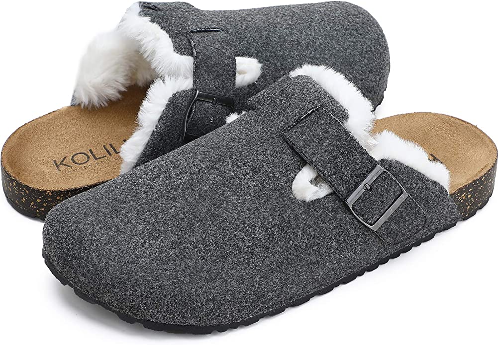 KOLILI Womens Cork Clogs for Women, Indoor Outdoor Fuzzy Slipper Warm Shoes, Cozy Mules & Clogs with Buckled Felt
