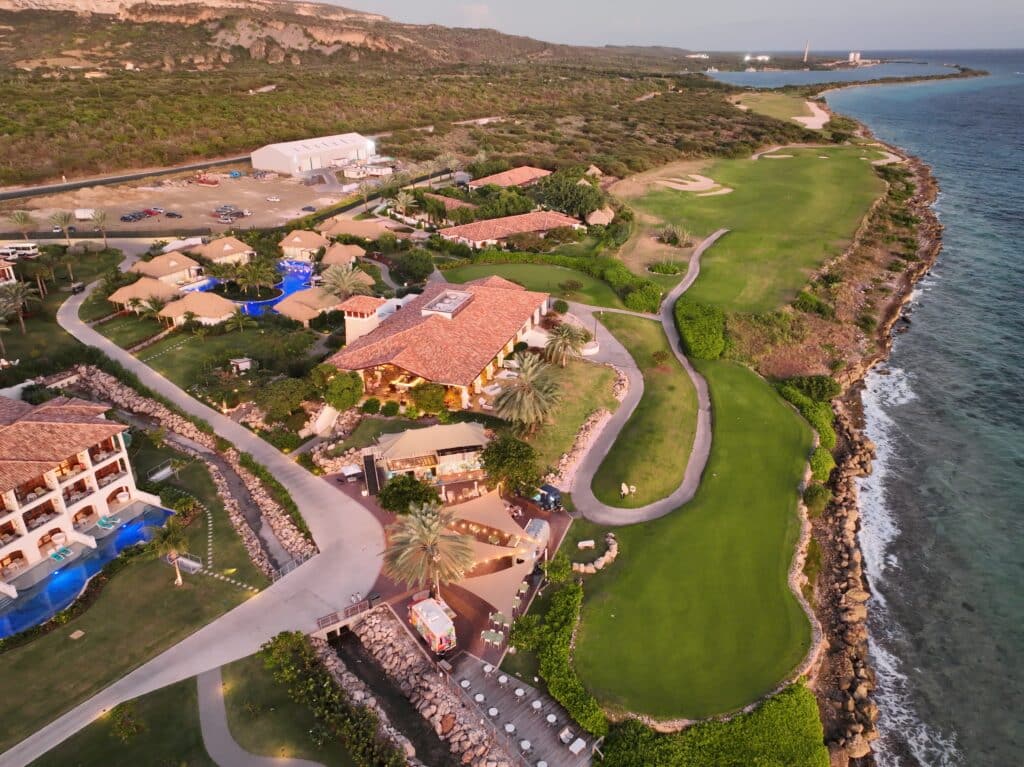 Sandals Royal Curacao from above showing golf course and ocean