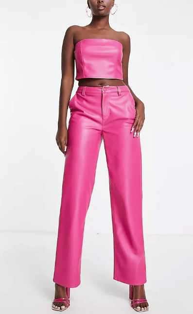 Faux Leather Straight Leg Trousers in Pink Co-Ord