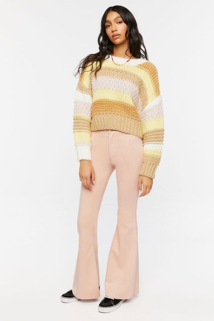Faux Suede Mid-Rise Flare Pants in Dusty Pink + Striped Purl Knit Sweater