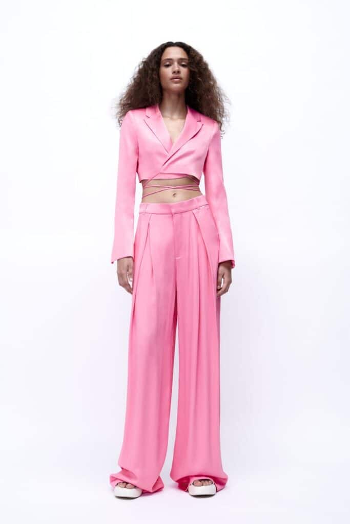 Fuchsia Full-length Satin Trousers + Cropped Satin Blazer