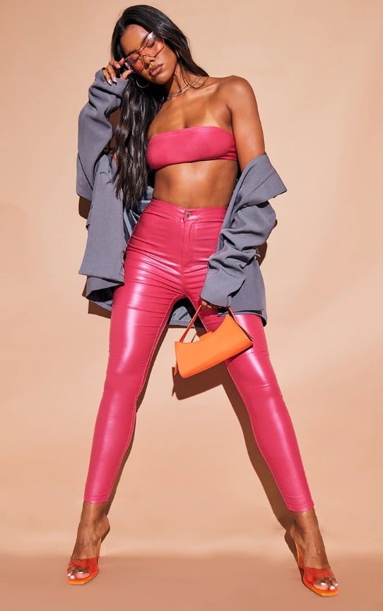 HOT PINK COATED DISCO SKINNY JEANS
