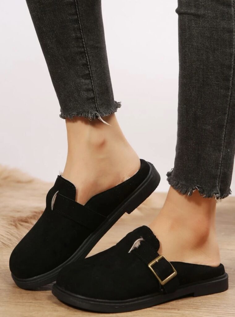 Buckle Decor Faux Suede Thermal Lined Flat Mules