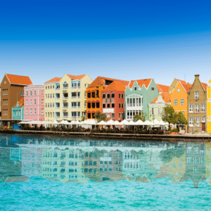 The historic area of Willemstad, Curacao - colorful buildings and bright blue water