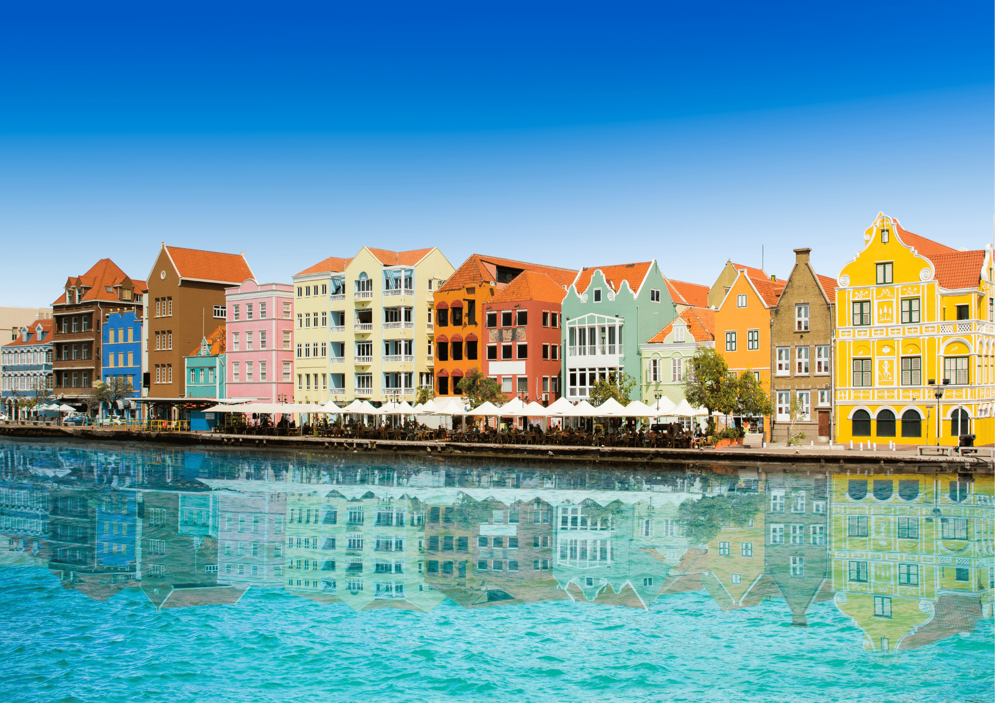 The historic area of Willemstad, Curacao - colorful buildings lining a crystal blue river that reflects the colorful facades of the buildings. 