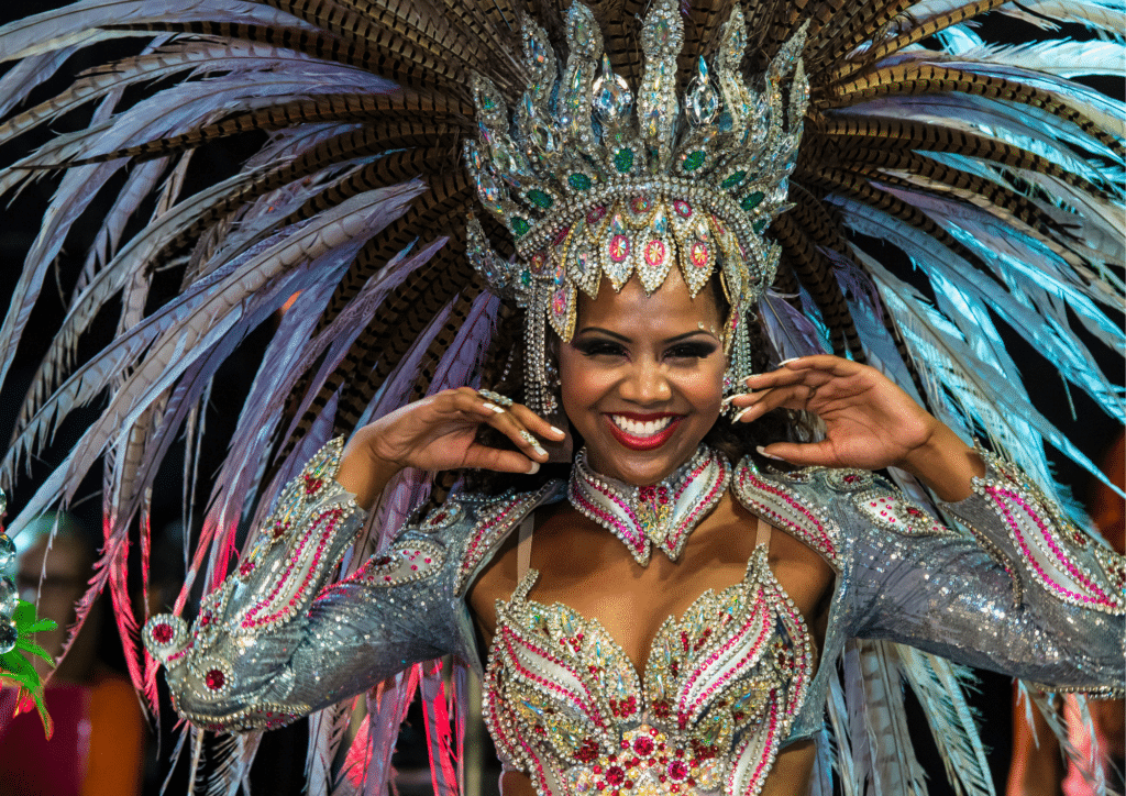 A woman wearing a carnival headdress in Curaçao.