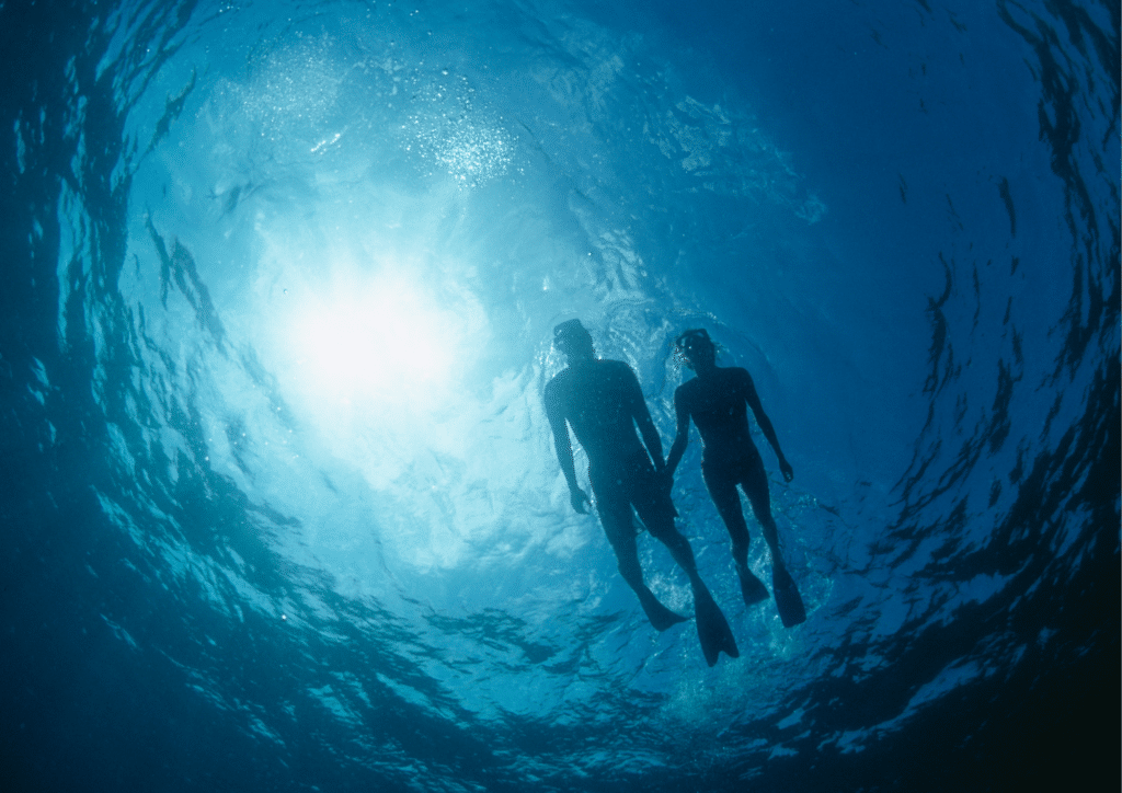 Two people swimming in the ocean under the sun.