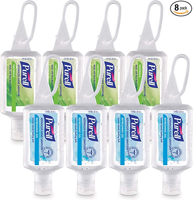 Eight bottles of Purell hand sanitizer on a white background.