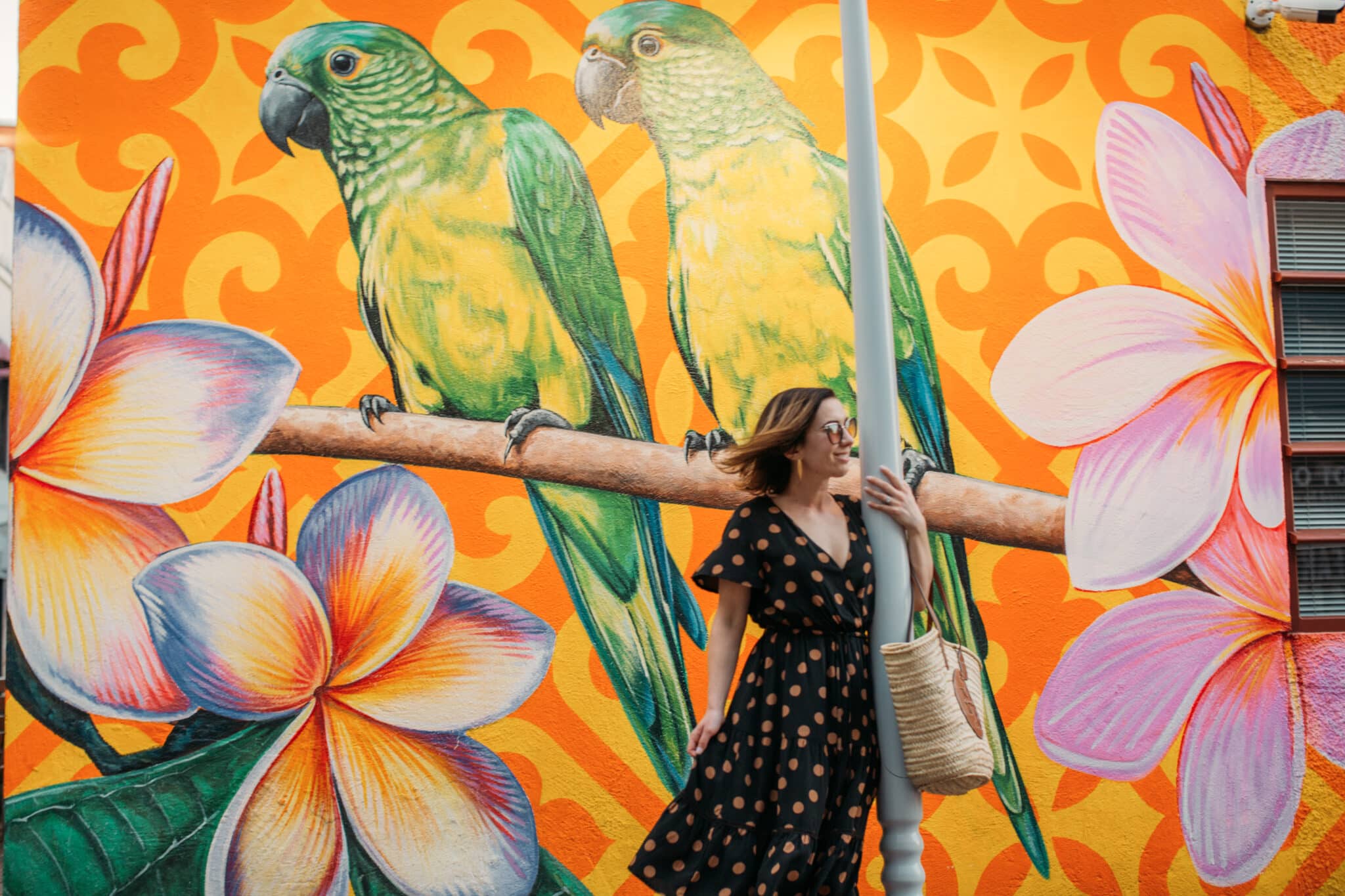 Lindsey standing by a bright mural in Curacao wearing a boho polka dot dress in a midi length from Salty Crush