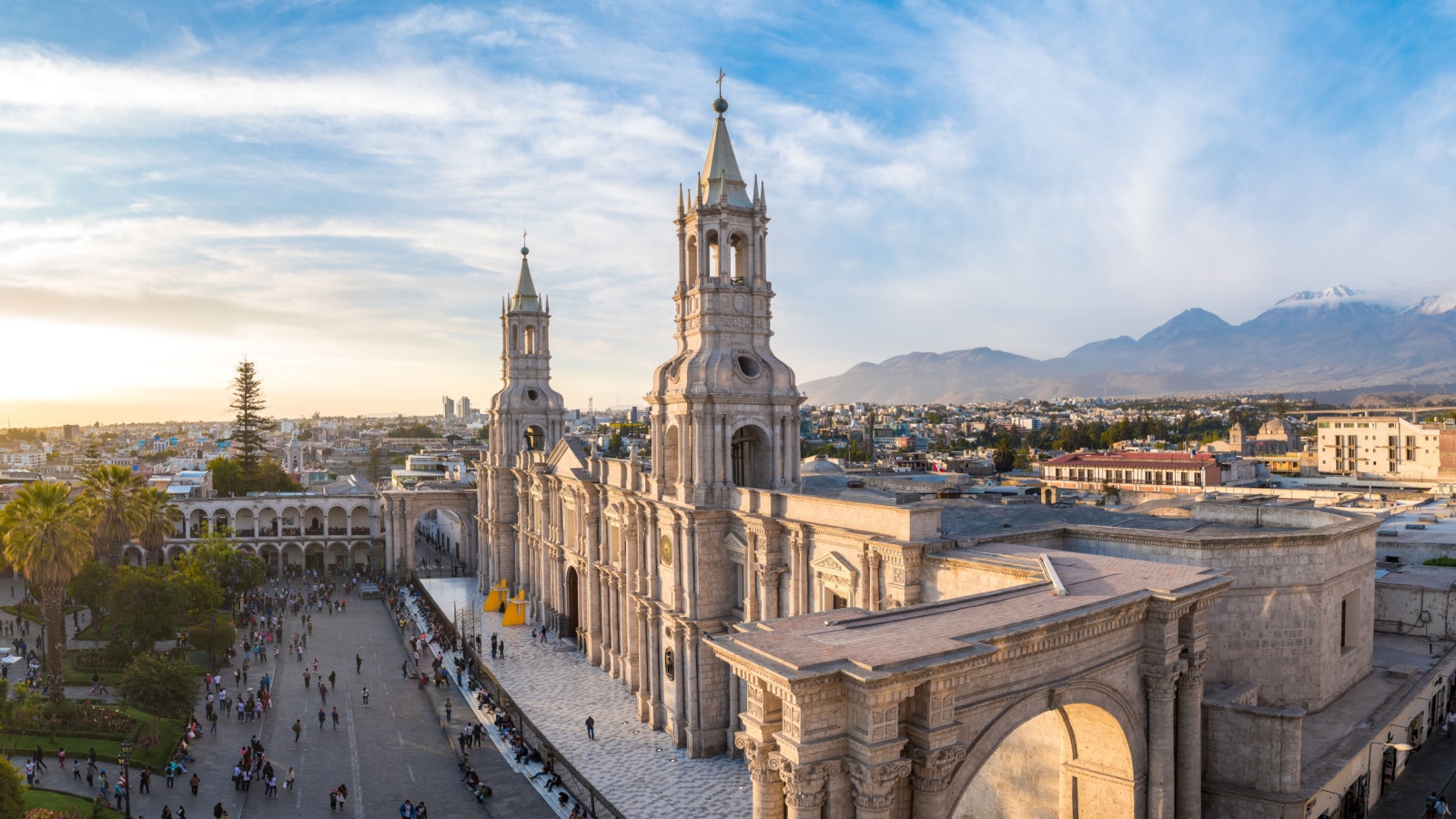 An aerial image of Plaza de Armas Arequipa in Peru. South America on a sunny day.