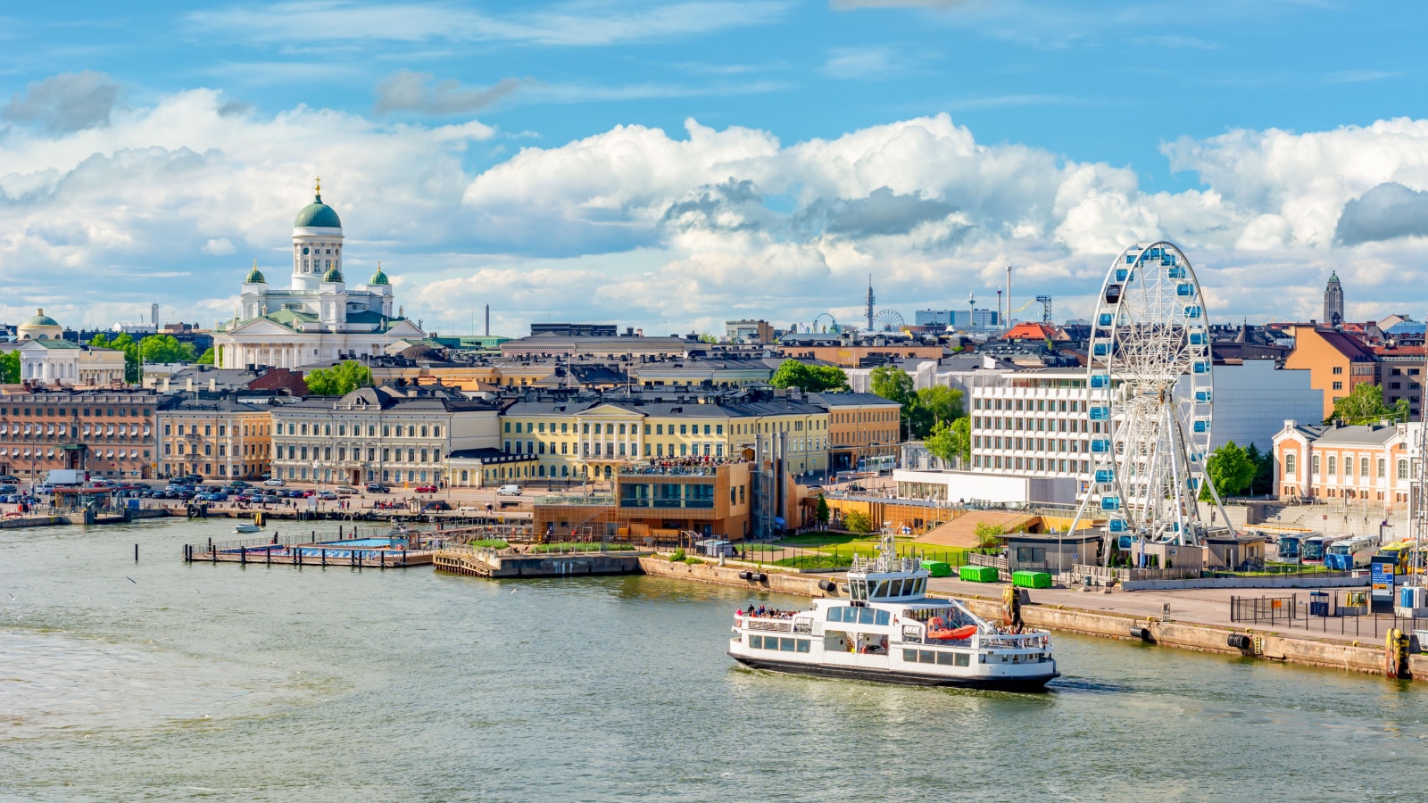 Helsinki cityscape with Helsinki Cathedral and port, Finland