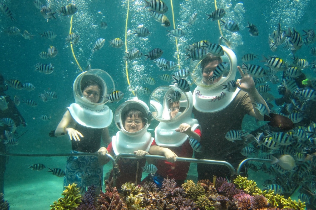 A family with seawalker helmet explore a vibrant coral reef tank, observing the diverse array of sea life swimming beneath seabed of Sanur Bal
