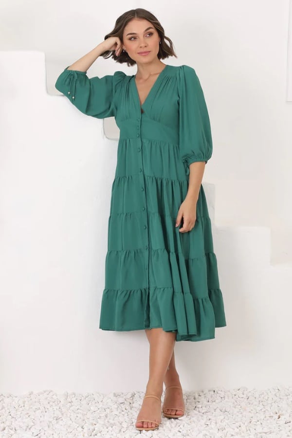 Milly Midi Dress - Tiered Button Down 3/4 Sleeve Dress In Green