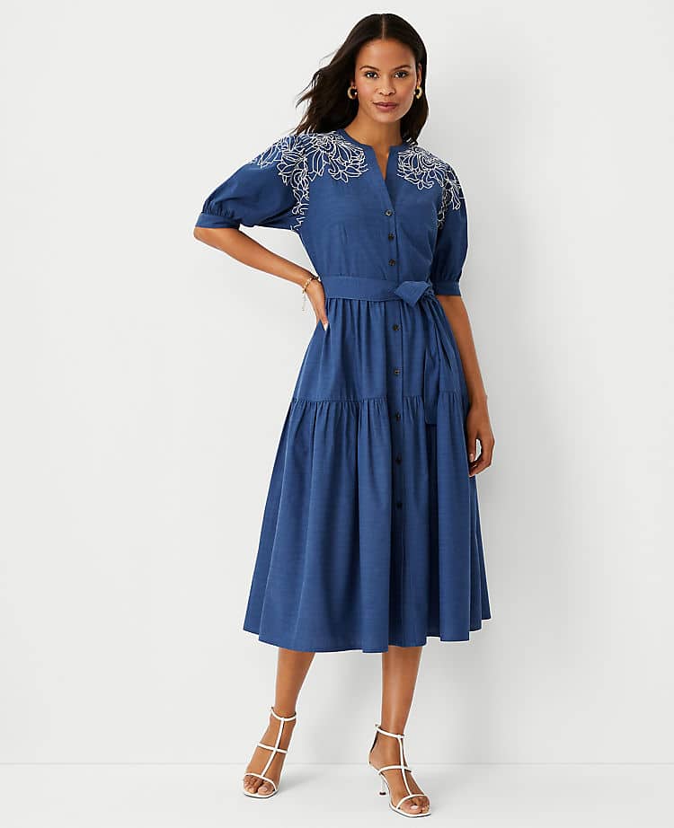Chambray Eyelet Shirtdress from Ann Taylor paired with strappy sandals 