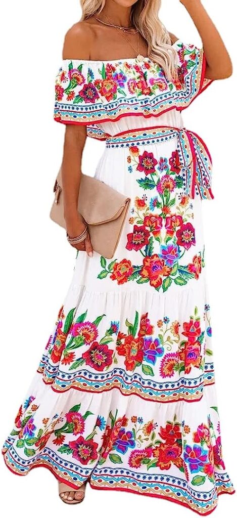 kevazingo Women's Mexican Off Shoulder Maxi Dress Summer Loose Floral Print Ruffle Neck Sleeveless Beach Vacation Maxi Dress