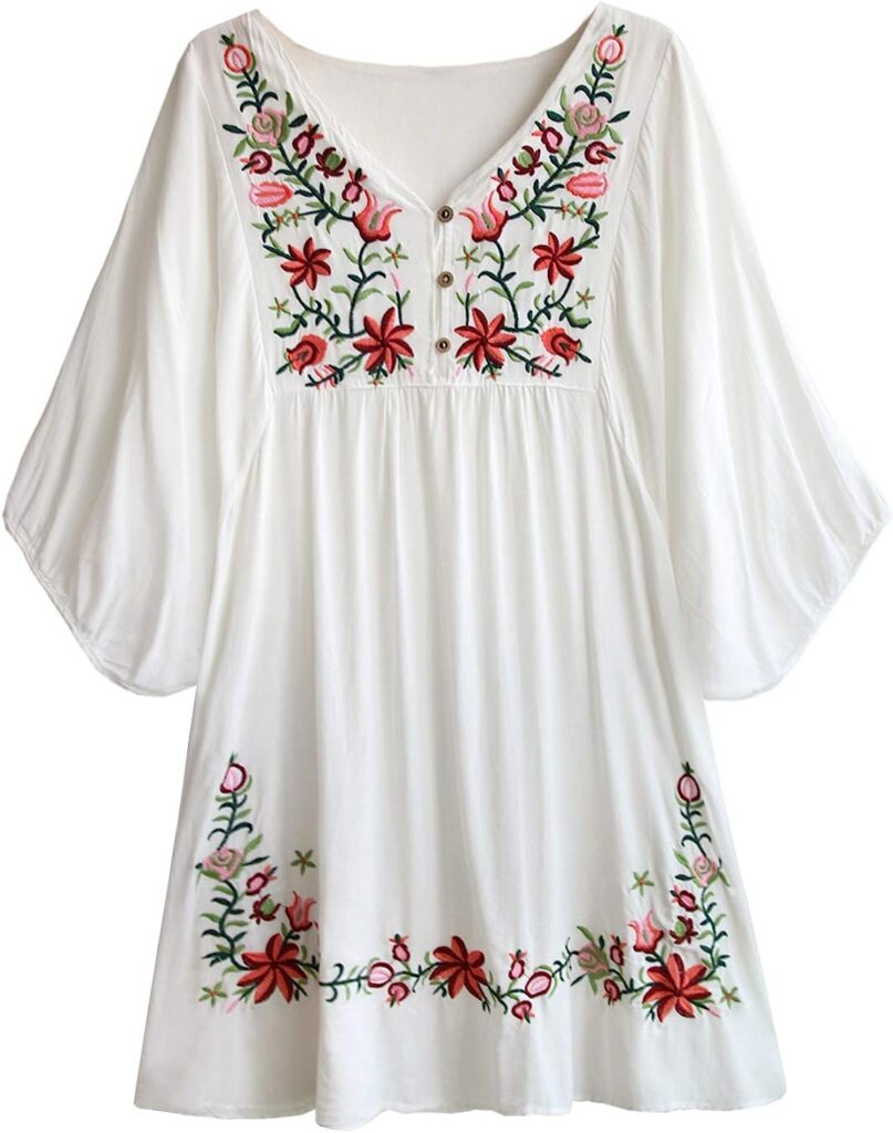 Women's Vintage Floral Embroidery Mexican Style Tunic Dresses Shirt Bohemian Flowy Shift Mini Dress Blouse