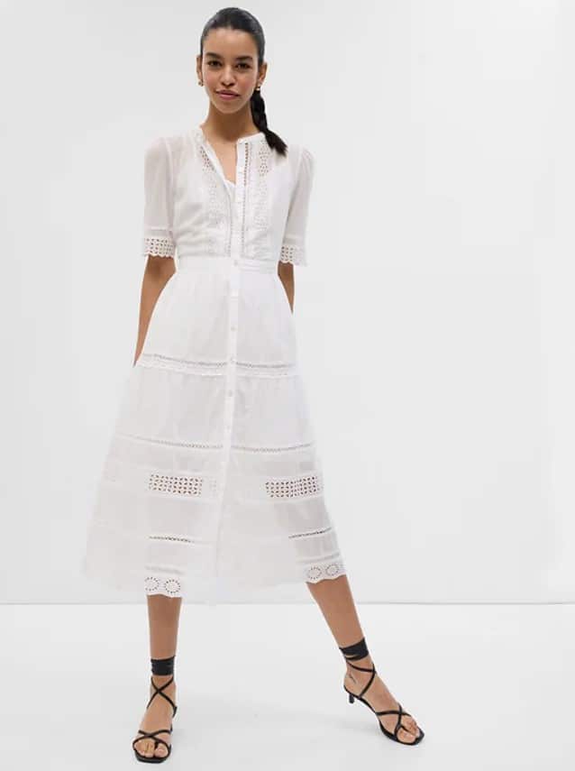 White eyelet dress from gap paired with black lace up sandals