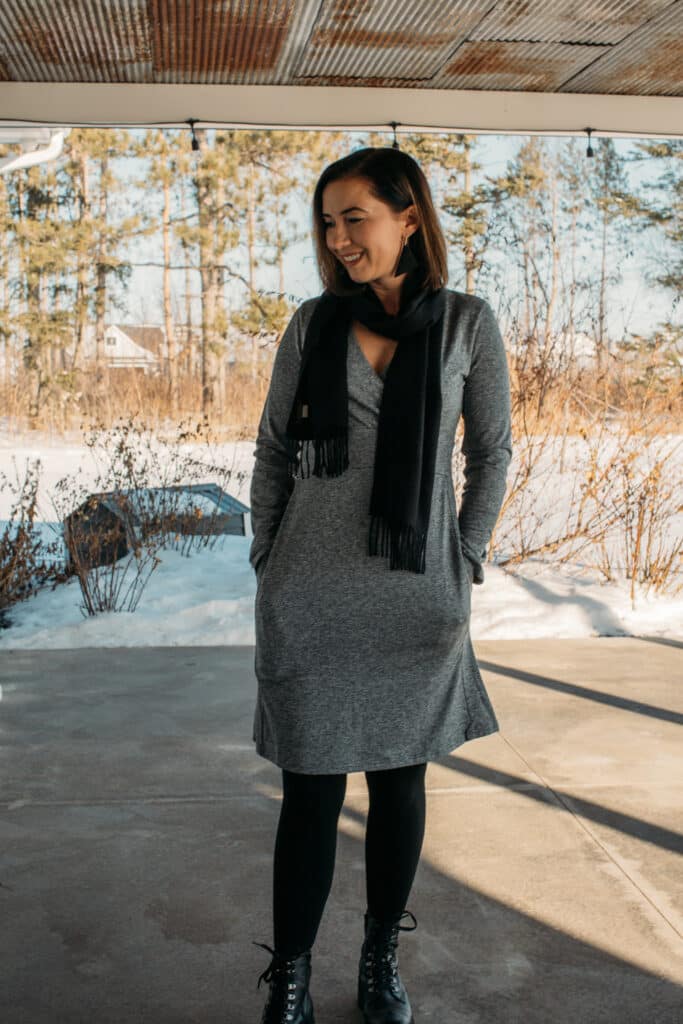 SCOTTeVEST - Long Sleeve Daphne Dress paired with tights, a scarf and combat boots for winter