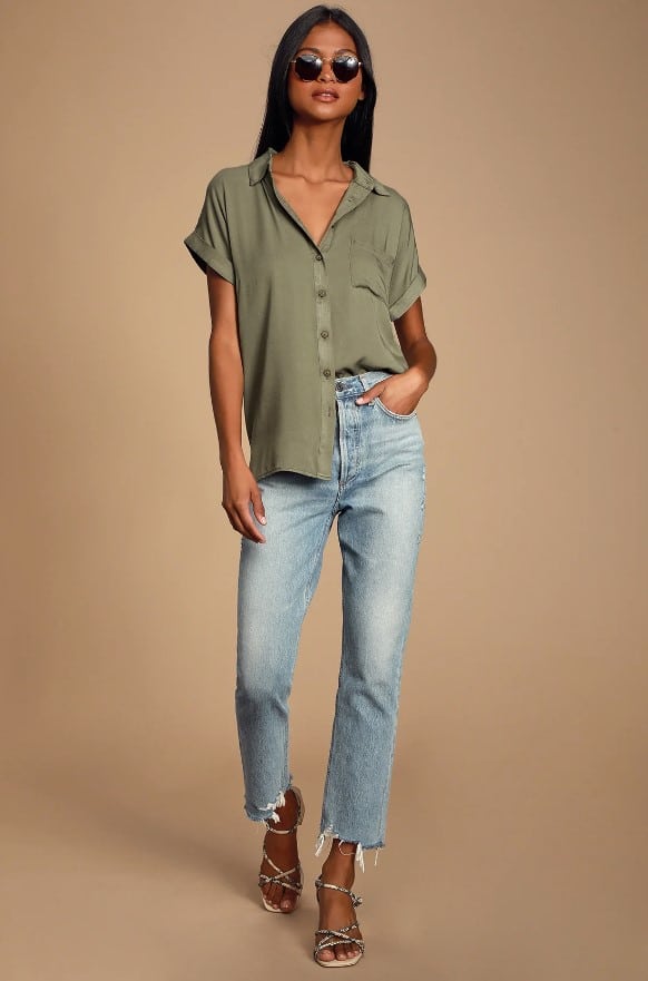 Lulu's outfit of relaxed fit short sleeve green shirt with light wash jeans 