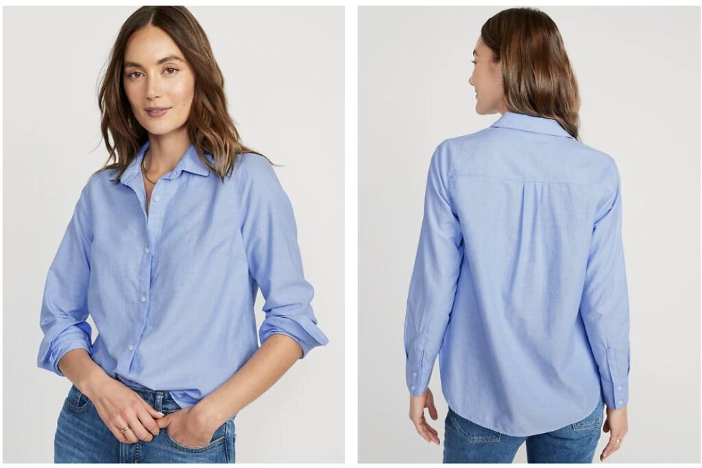 Woman wearing a blue button down shirt and jeans