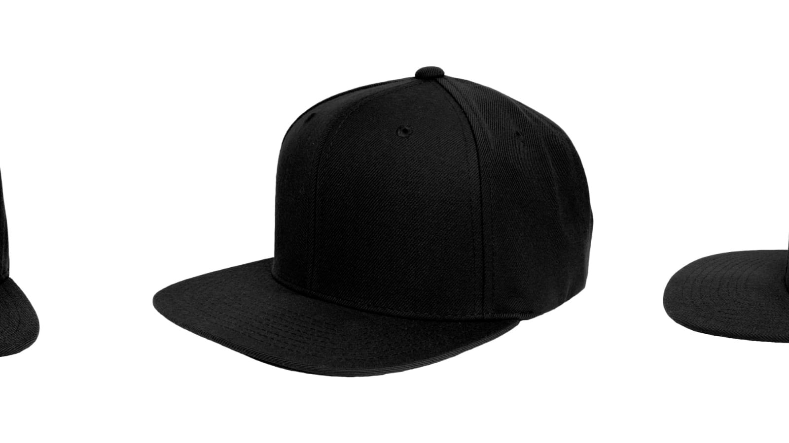 Three shots of a fitted black hat from different angles isolated on a white background.