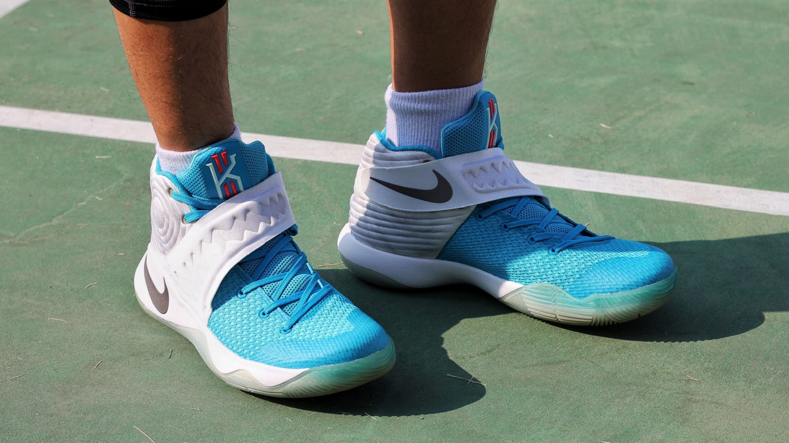 Ho Chi Minh City, Vietnam - March 9th 2019: Nike Kyrie 2 Blue Basketball shoes on Basketball court