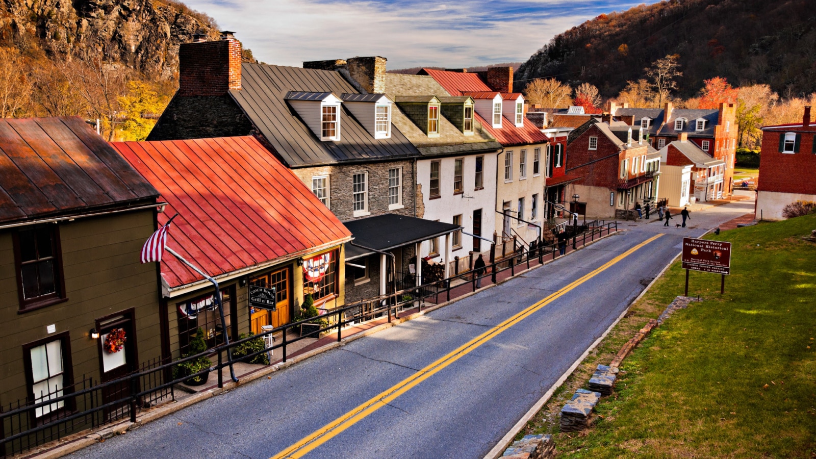 Historic buildings and shops on High Street in Harper's Ferry, West Virginia.