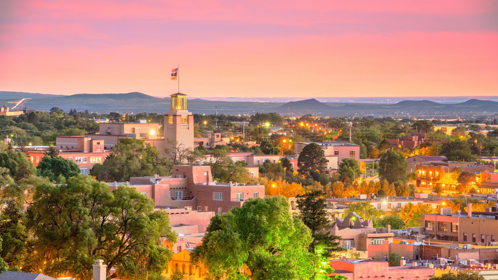 Santa Fe, New Mexico, USA downtown skyline at dusk.