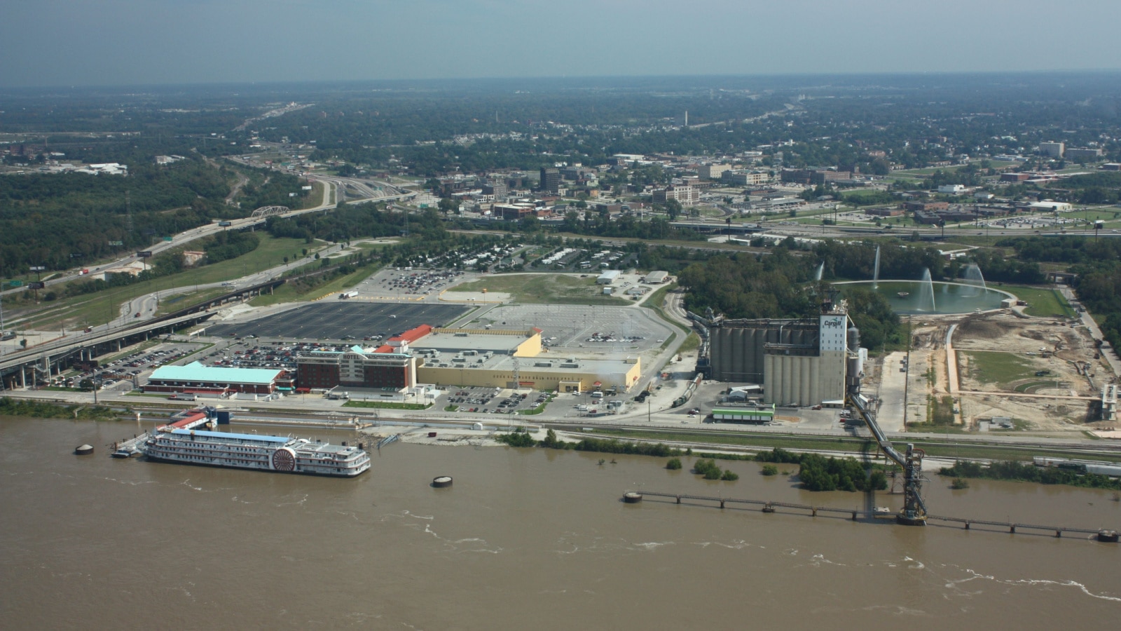 Looking towards East St. Louis and the mississippi river flooding from the top of the st louis arch in St. Louis, missouri