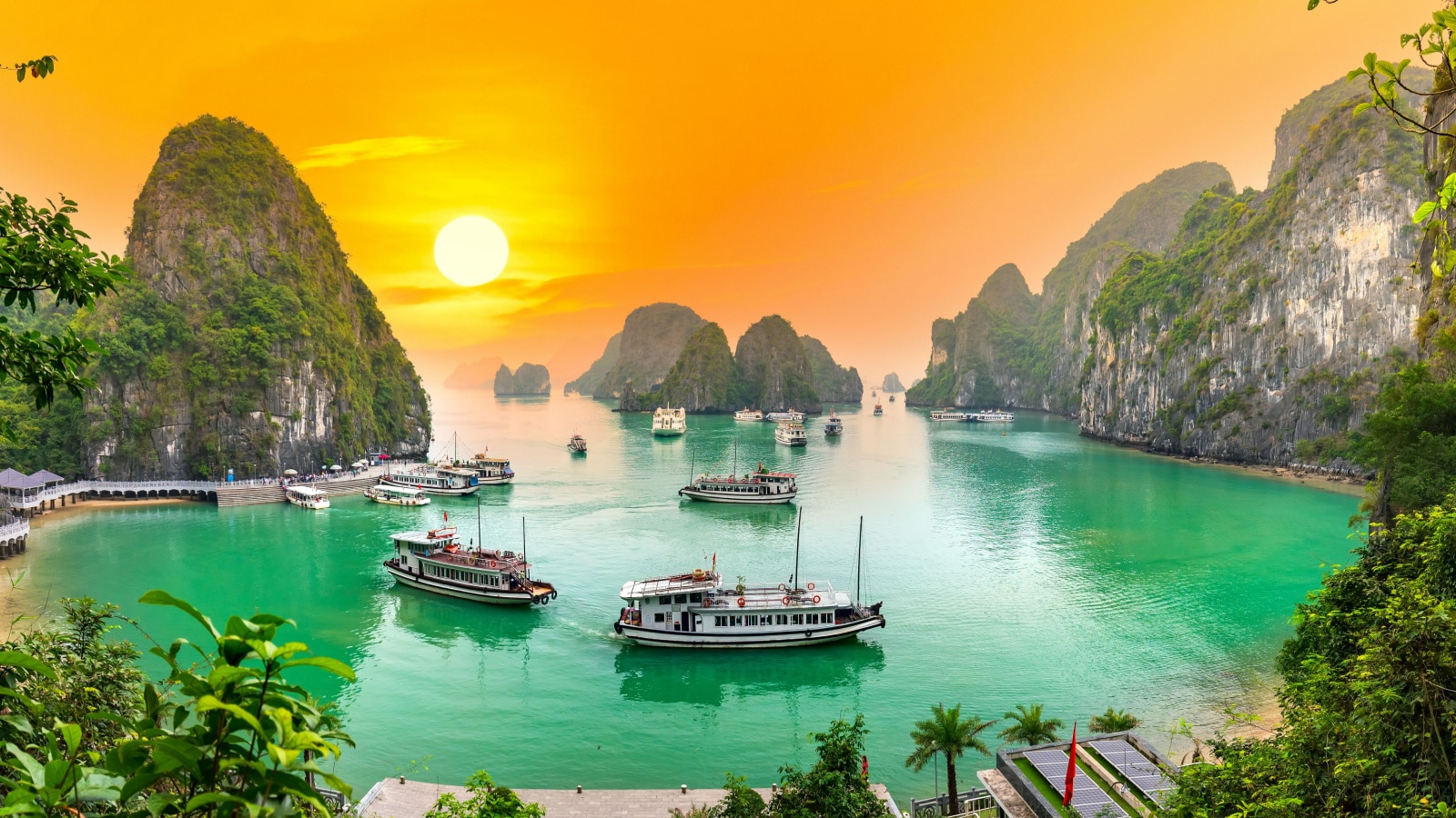 Dreamy sunset landscape Halong Bay, Vietnam view from adove. This is the UNESCO World Heritage Site, a beautiful natural wonder in northern Vietnam