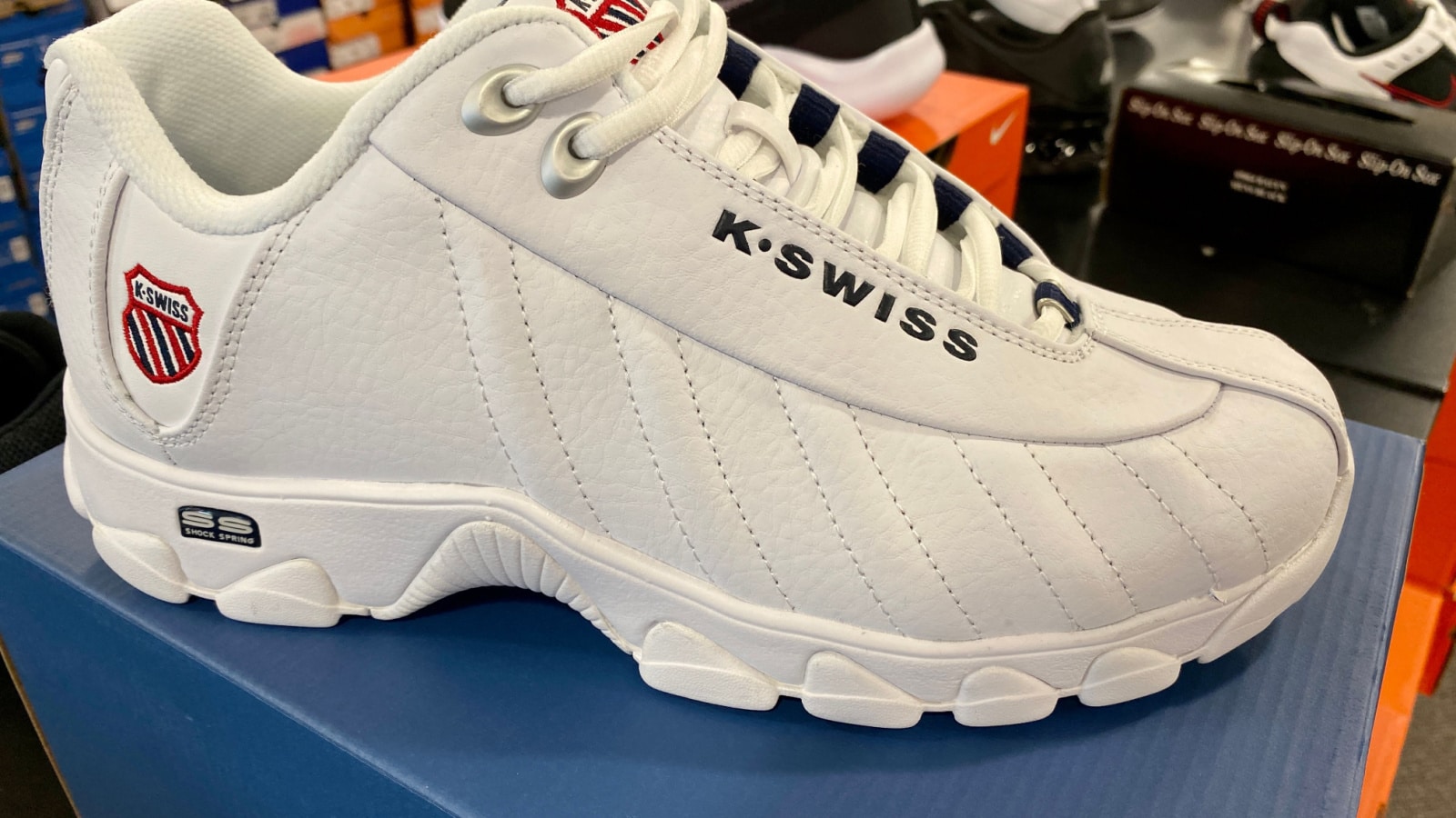 Ros, CA - March 6, 2021: New K- Swiss white shoe on top of a box inside a footwear store.
