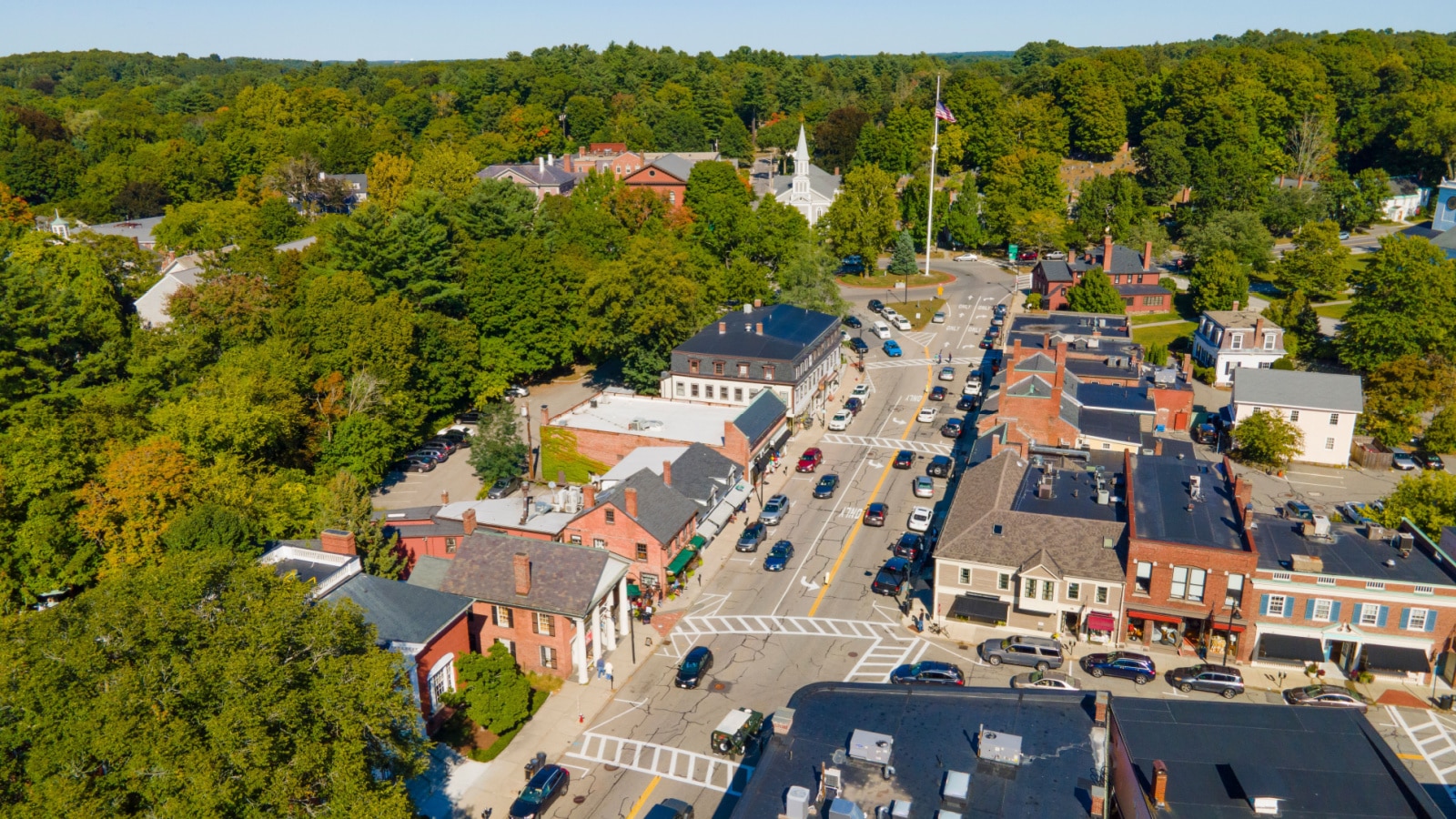 Concord historic town center aerial view in summer on Main Street in town of Concord, Massachusetts MA, USA.