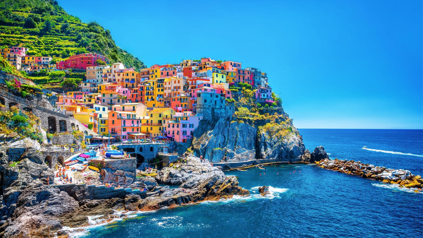 Beautiful colorful cityscape on the mountains over Mediterranean sea, Europe, Cinque Terre, traditional Italian architecture