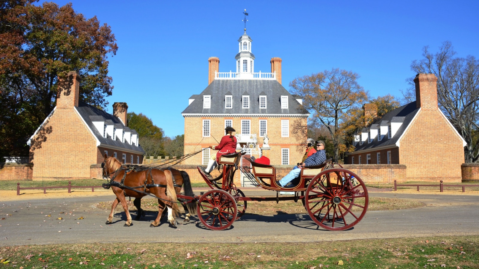 WILLIAMSBURG, VIRGINIA - NOVEMBER 19 2014: The Governors Palace in Colonial Williamsburg, Virginia. It was reconstructed on the original site after a fire destroyed it in the 1930's.