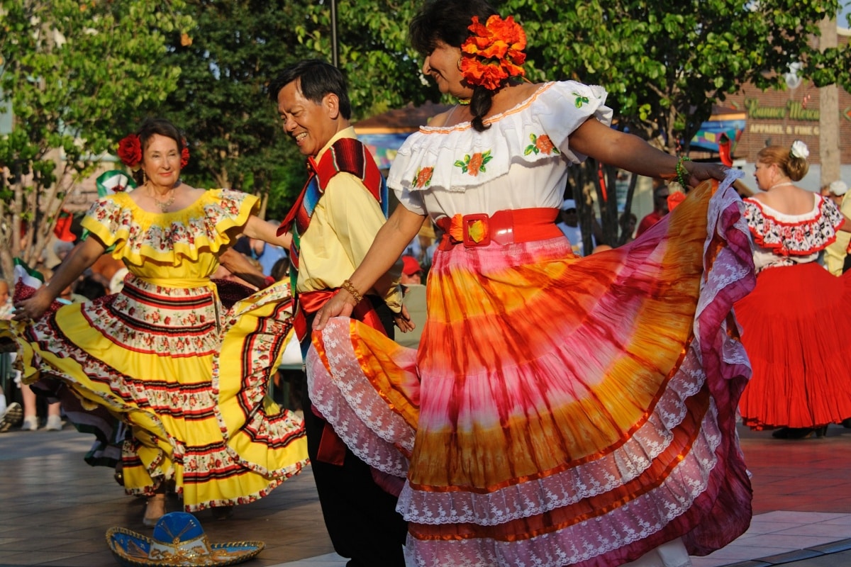 Cinco De Mayo Festival dancers performing in the town square of The Villages in Florida USA