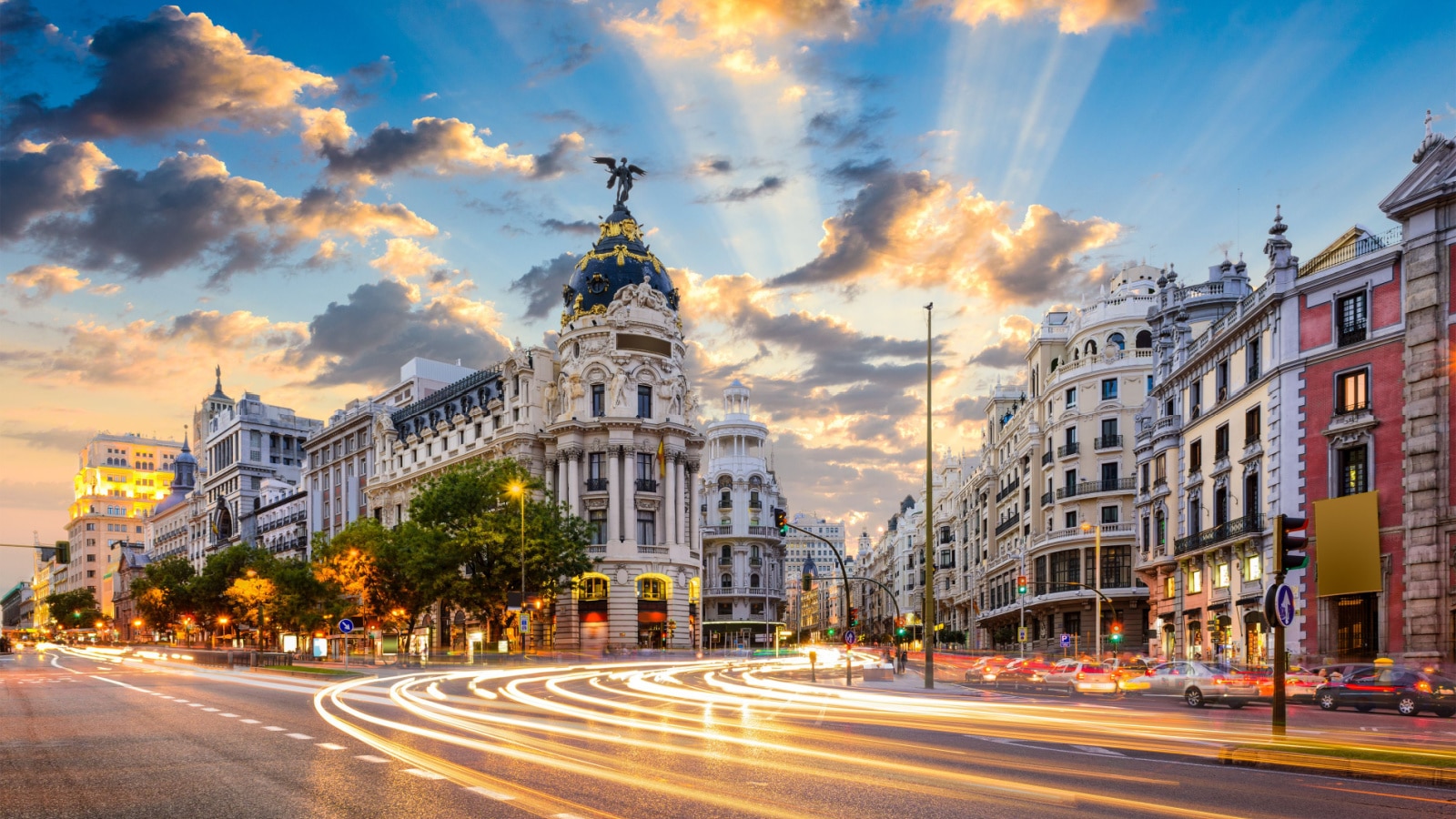 Madrid, Spain cityscape at Calle de Alcala and Gran Via.