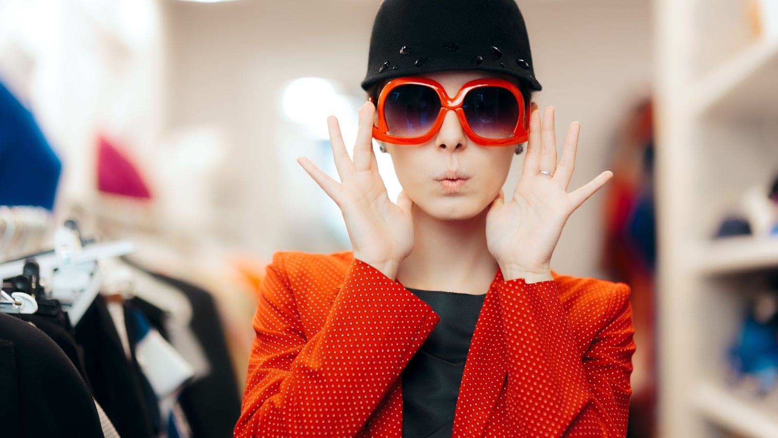 Eccentric Stylish Fashion Girl With Big Sunglasses and Chic Hat - Funny trendy woman wearing a red polka dots blazer and a riding style hat