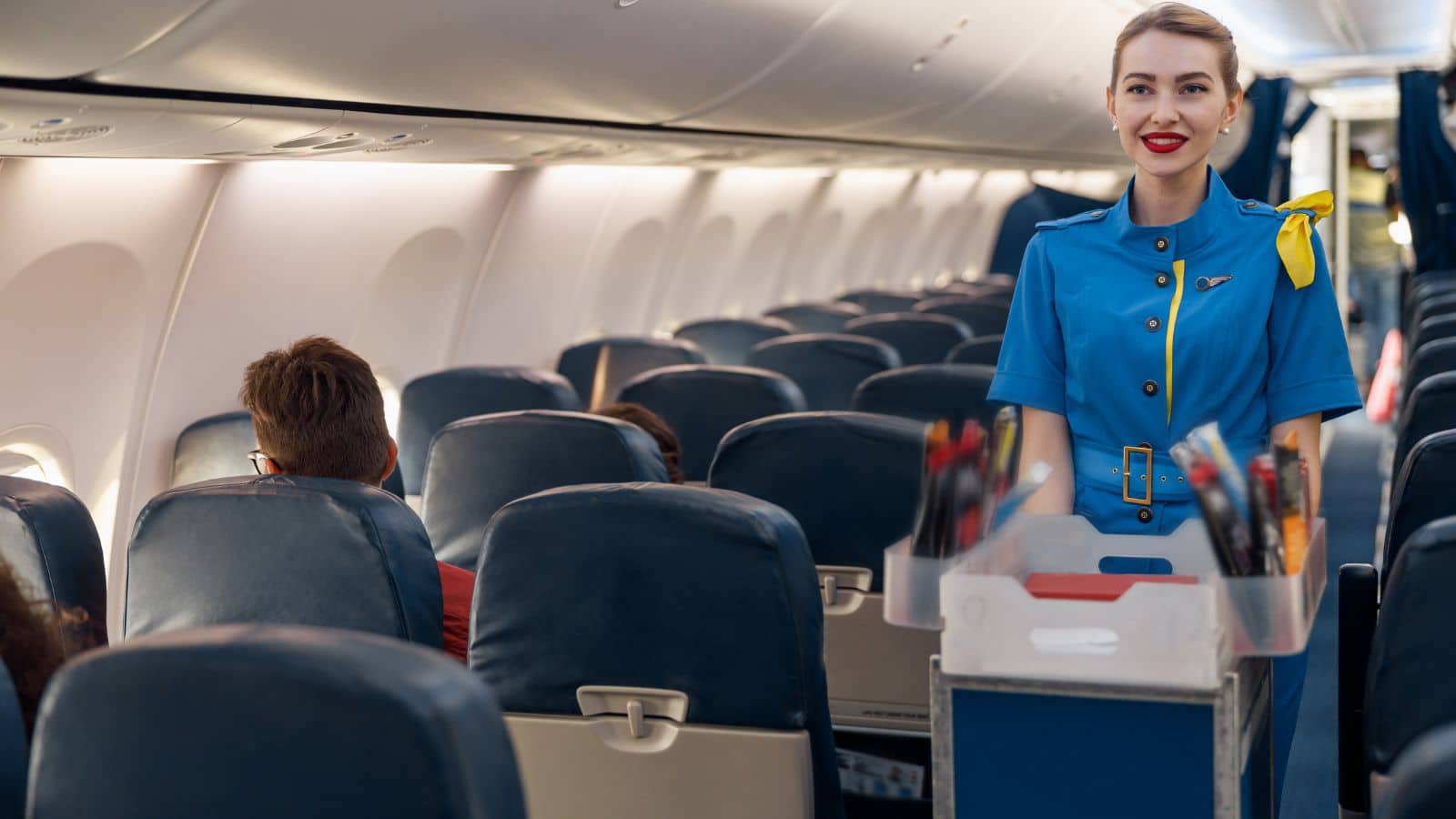 Flight attendant serving beverages