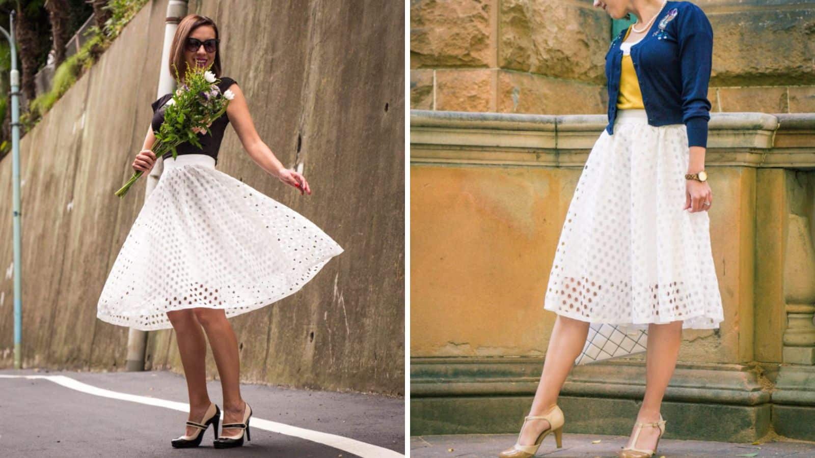 Lindsey of Have Clothes, Will Travel wearing a white eyelet midi skirt from Shein.