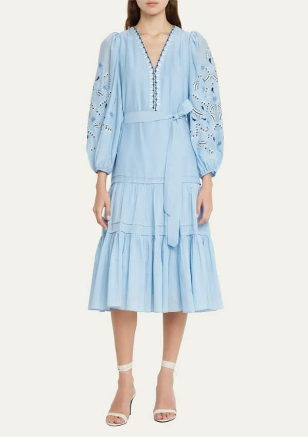 KOBI HALPERIN Kassandra Embroidered Puff-Sleeve Midi Dress