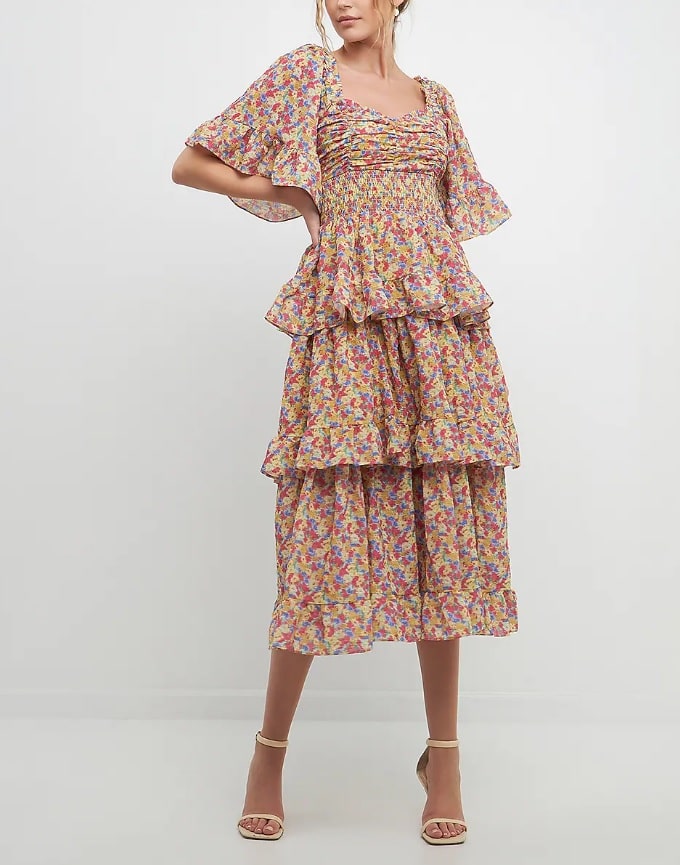 Floral Smocked Ruffle Tiered Midi Dress