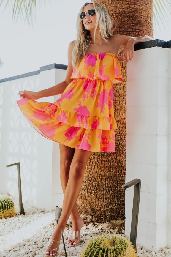 Marigold Floral Print Strapless Overlay Short Dress